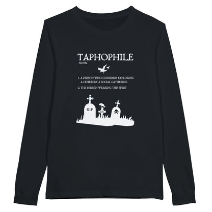 Black Bella Canvas 3501 long sleeve tshirt with the definition of taphophile in white lettering on the front