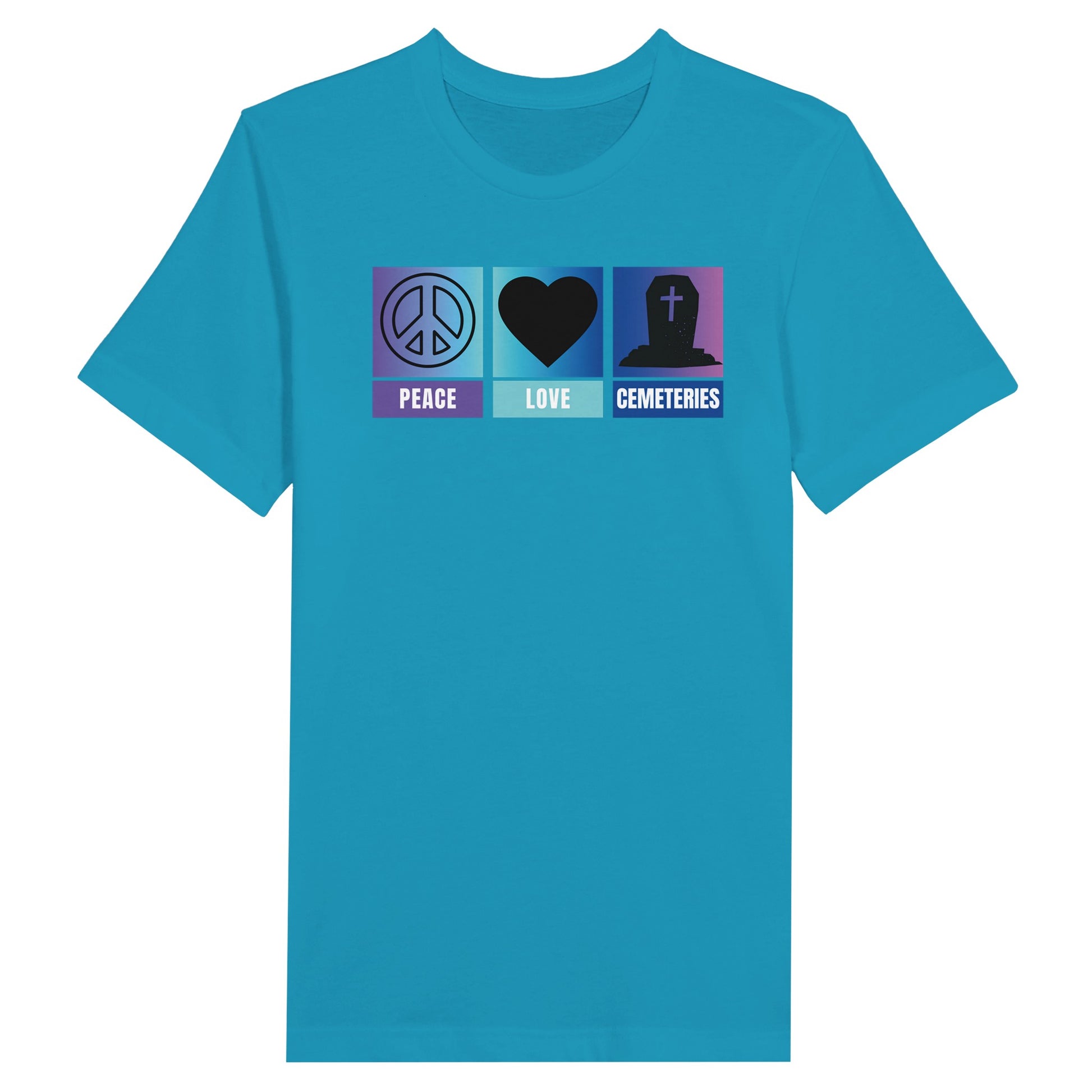 Aqua Blue Bella Canvas 3001 Peace Love Cemeteries Graphic TShirt for people that love cemeteries. A peace sign, a heart shape and a gravestone across the chest