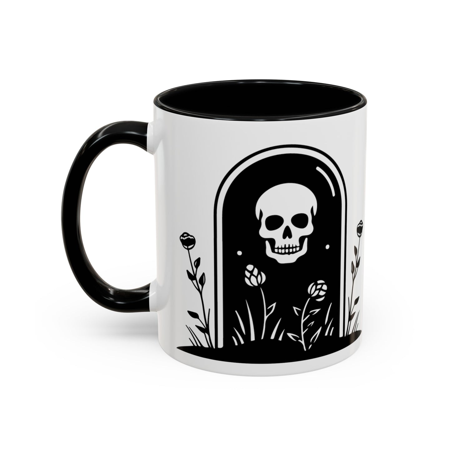 15 oz white ceramic mug with a black handle and black interior. One side says Id rather be at the cemetery the otherside has a tombstone with a skull on it