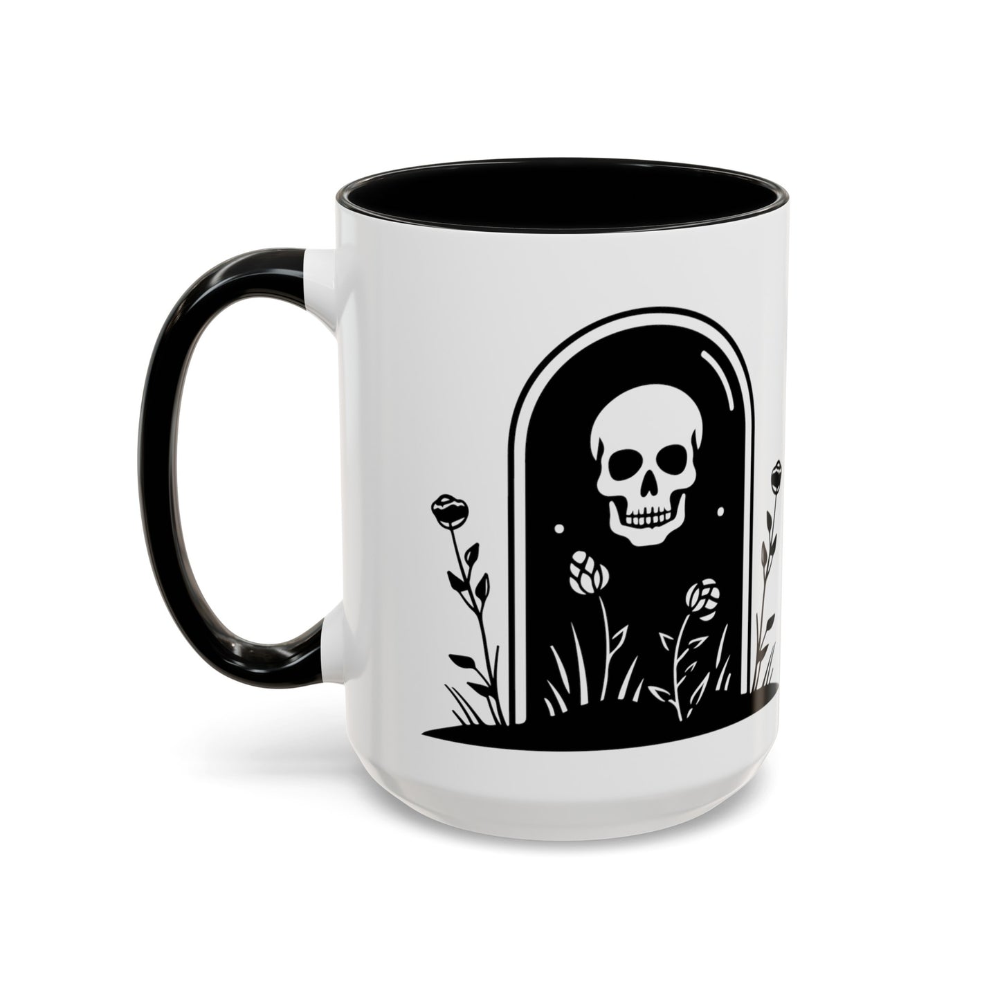 15 oz white ceramic mug with black text and graphics and  a black handle and black interior. One side says Introverted but willing to discuss cemeteries the other side has a tombstone with a skull on it