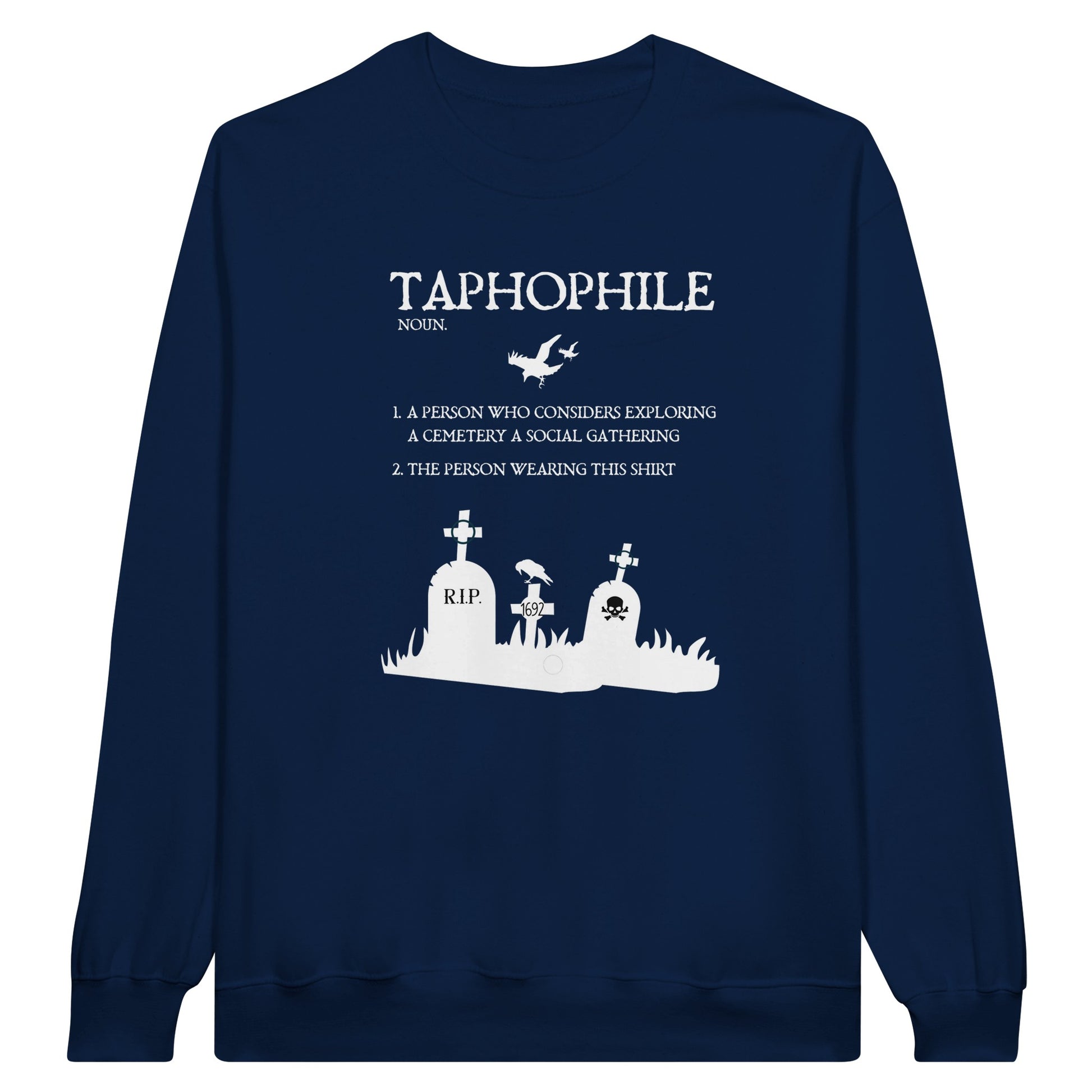 Navy Blue Gildan 18000 Crewneck Sweatshirt with a Tapophile graphic and definition in white print