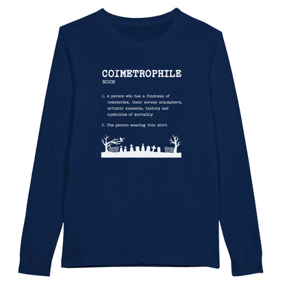 Bella Canvas 3501 Long Sleeve T-Shirt  with the word Taphophile and the definition in white text. The shirt is navy blue.