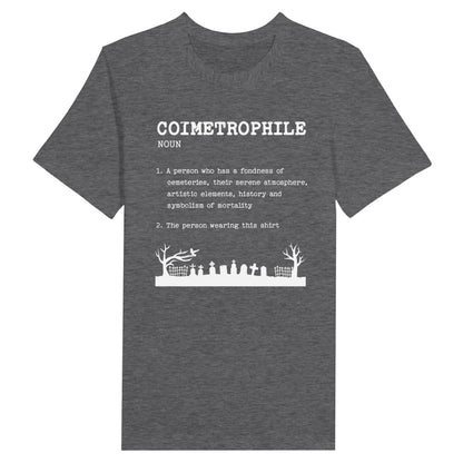 Dark Grey Heather Bella Canvas 3001 Tshirt with Coimetrophile Cemetery Lover definition