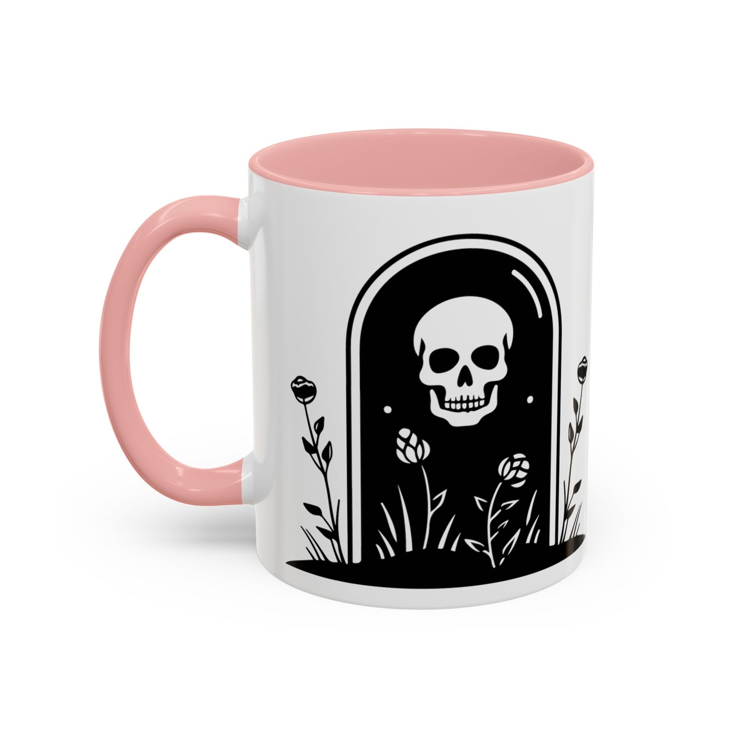 15 oz white ceramic mug with a pink handle and pink interior. One side says Id rather be at the cemetery the other side has a tombstone with a skull on it