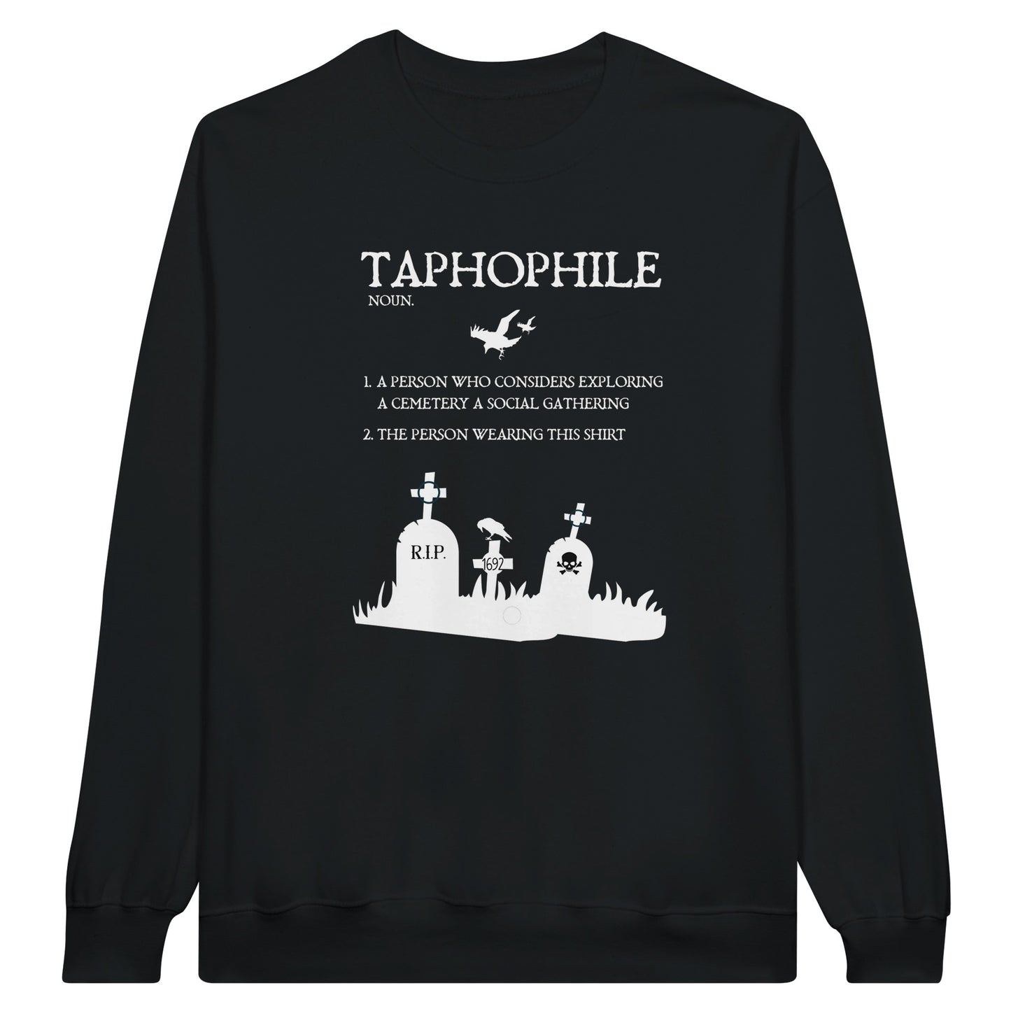 black Gildan 18000 Crewneck Sweatshirt with a Tapophile graphic and definition in white print