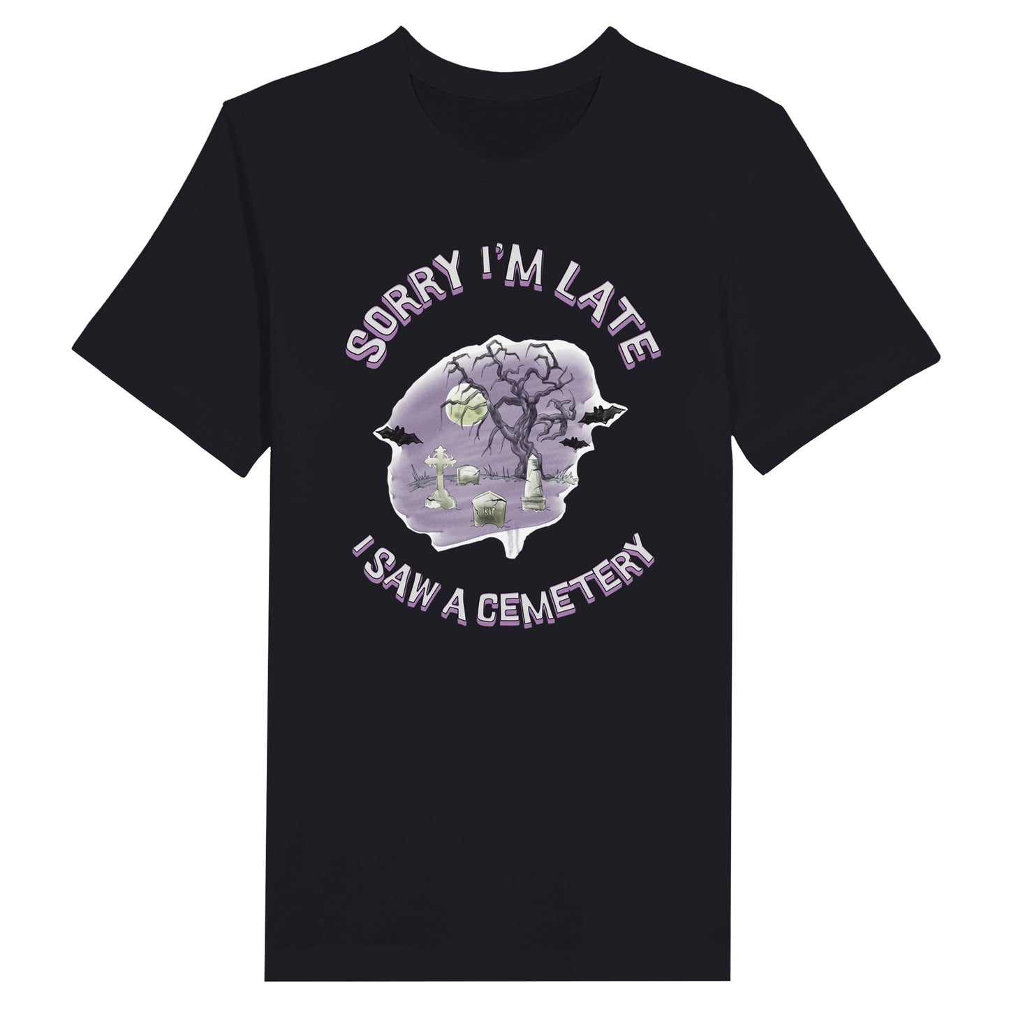 Bella Canvas 3001 T-Shirt  with the words Sorry I'm Late I saw a cemetery around a graphic of a cemetery.  Colors of the graphic are purple and grey. T-shirt is dark grey heather