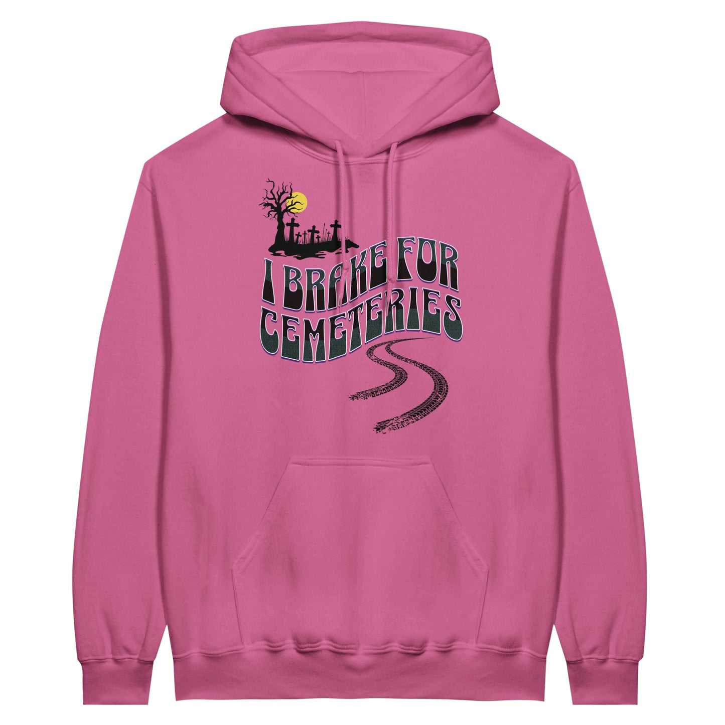 Gildan 18500 Hoodie Sweatshirt with the words I Brake For Cemeteries in black and grey with purples shading accents.. There are skid marks under the words and a small graveyard graphic to the top left of the words. The hoodie is azalea pink