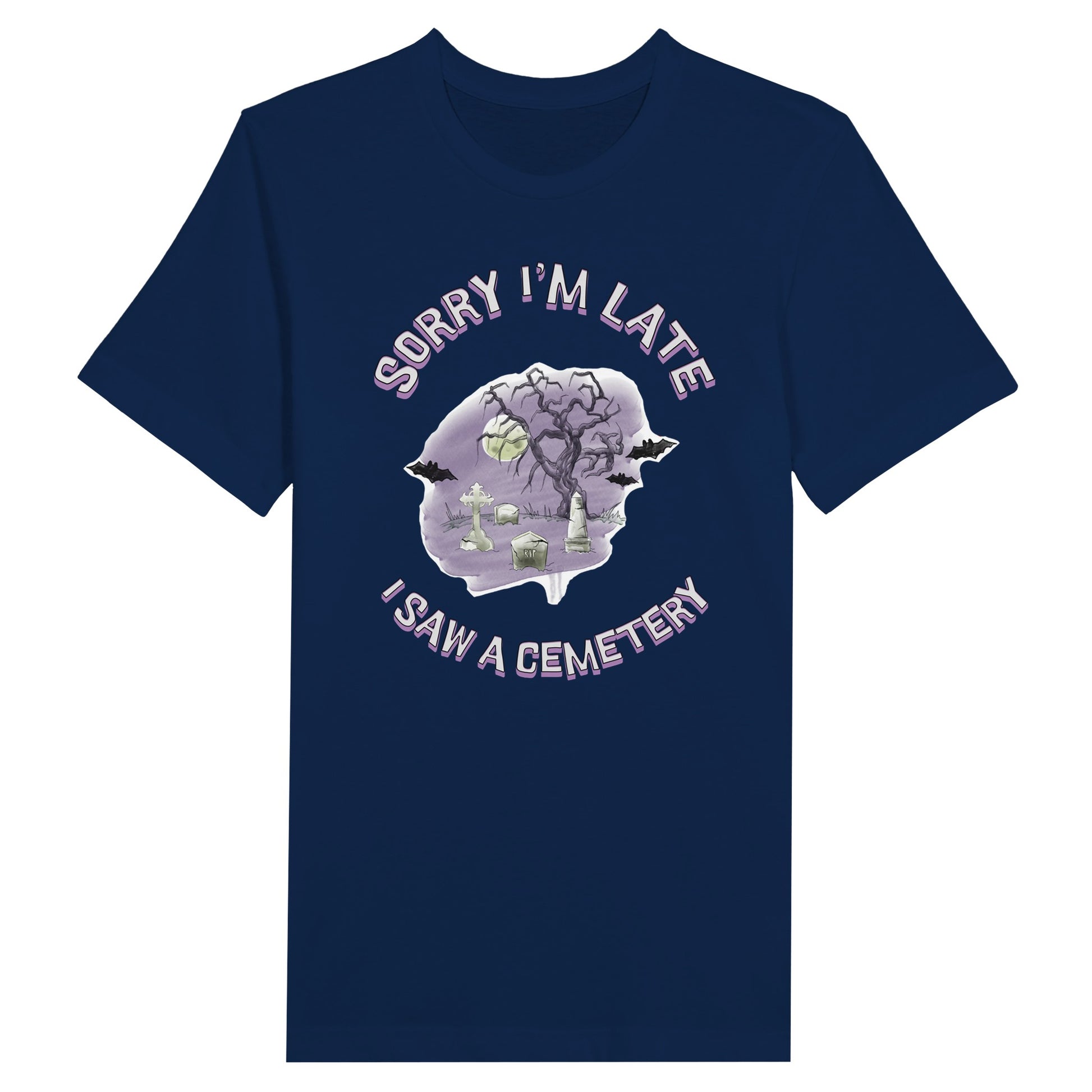 Bella Canvas 3001 T-Shirt  with the words Sorry I'm Late I saw a cemetery around a graphic of a cemetery.  Colors of the graphic are purple and grey. T-shirt is navy