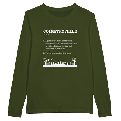 Bella Canvas 3501 Long Sleeve T-Shirt  with the word Taphophile and the definition in white text. The shirt is olive green