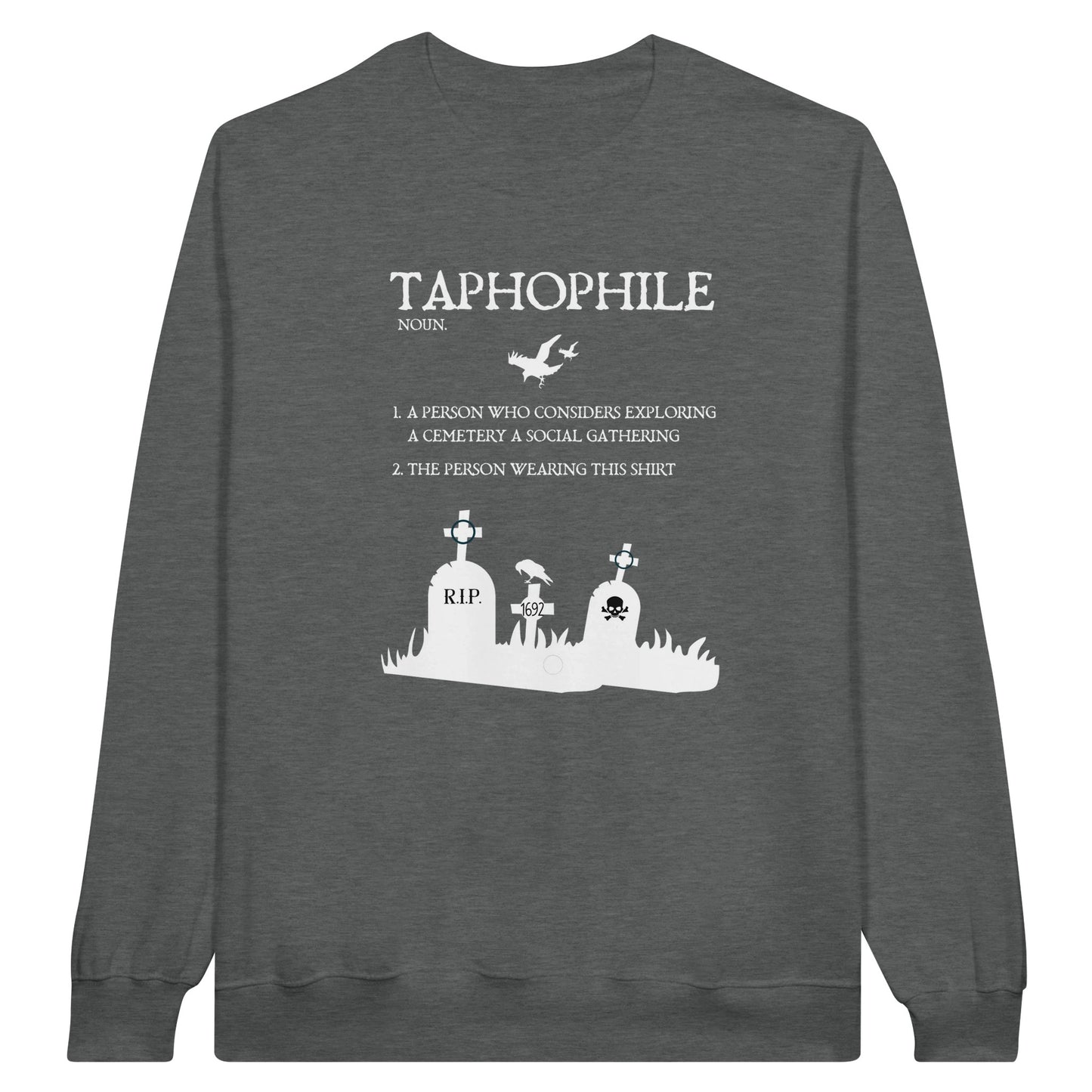 Graphite Heather Grey Gildan 18000 Crewneck Sweatshirt with a Tapophile graphic and definition in white print