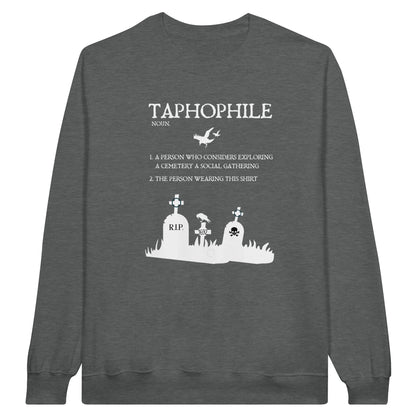 Graphite Heather Grey Gildan 18000 Crewneck Sweatshirt with a Tapophile graphic and definition in white print