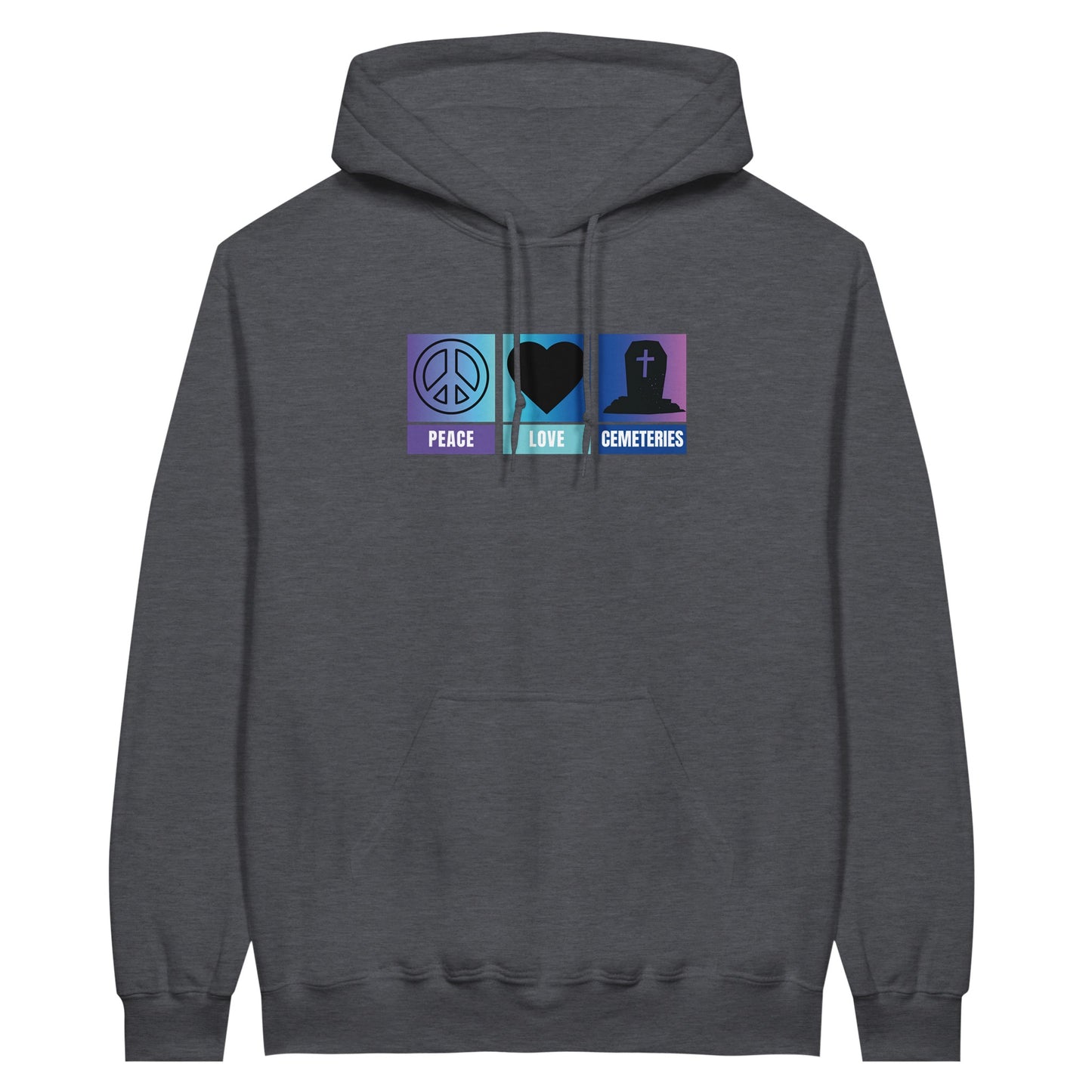 Gildan 18500 Hoodie Sweatshirt with the words peace, love, cemeteries across the chest with matching symbols, a peace sign, a heart and a tombstone on an ombre back ground of purple, aqua and blue. Hoodie color is dark heather grey.