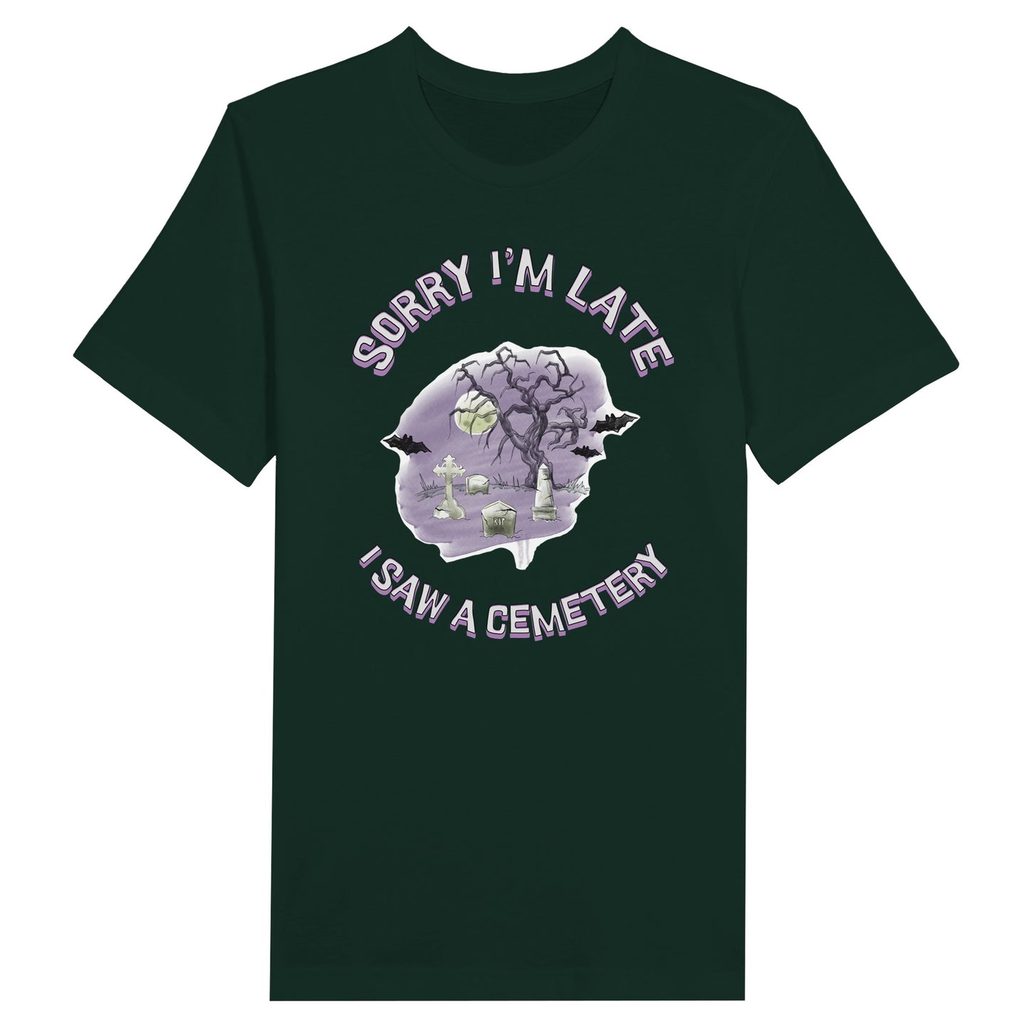 Bella Canvas 3001 T-Shirt  with the words Sorry I'm Late I saw a cemetery around a graphic of a cemetery.  Colors of the graphic are purple and grey. T-shirt is forest