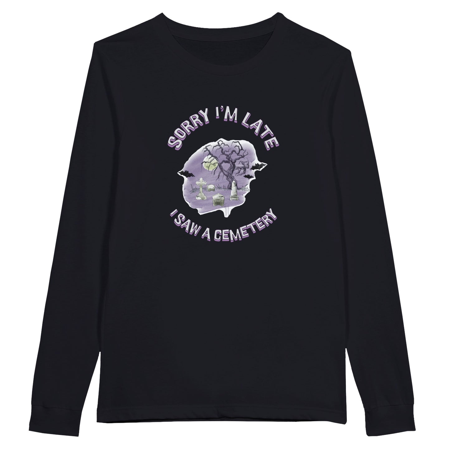 Bella Canvas 3501 Long Sleeve T-Shirt  with the words Sorry Im Late I saw a cemetery around a graphic of a cemetery.  Colors of the graphic are purple and grey. Shirt is dark grey heather