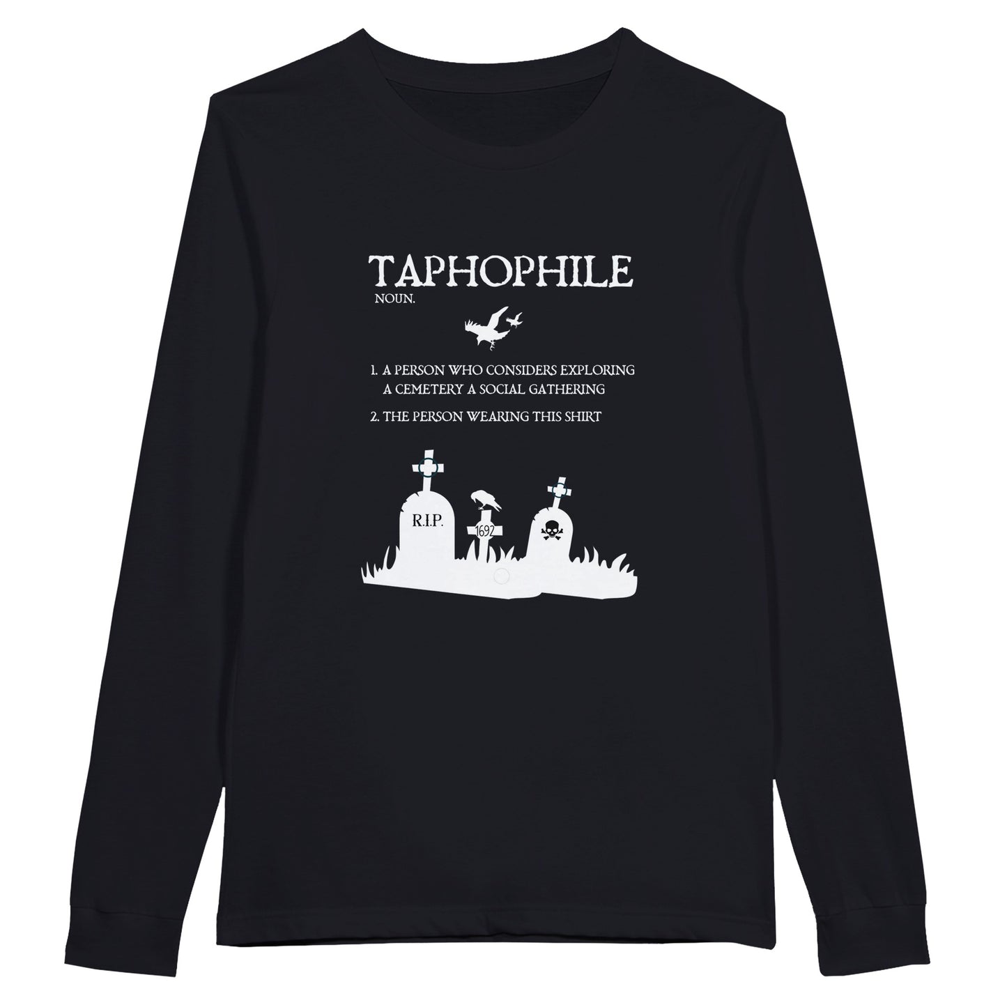 Dark Grey Bella Canvas 3501 long sleeve tshirt with the definition of taphophile in white lettering on the front