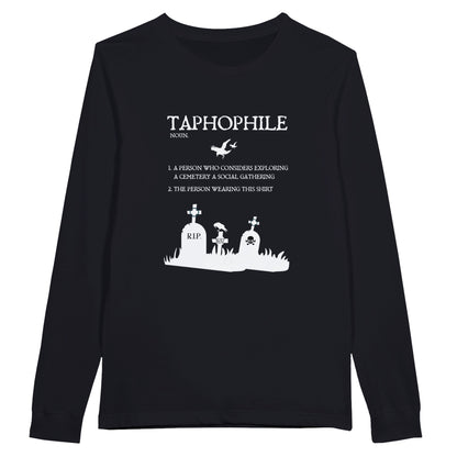 Dark Grey Bella Canvas 3501 long sleeve tshirt with the definition of taphophile in white lettering on the front