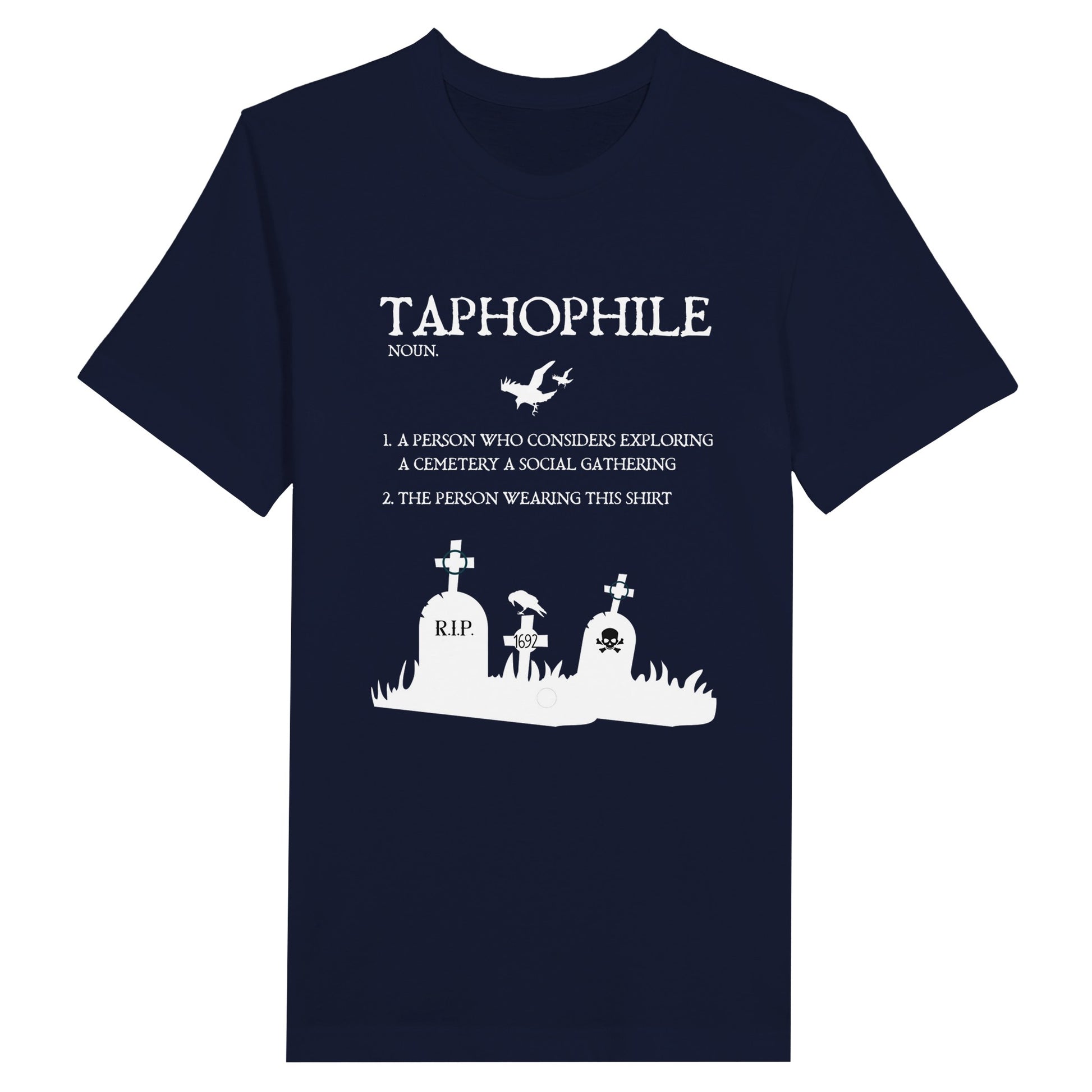 Navy Blue Bella Canvas 3001 Tshirt with the Taphophile definition on front in white graphics