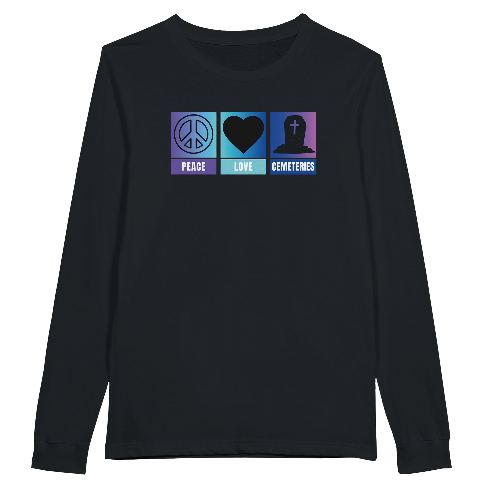 Bella Canvas 3501 long sleeve shirt with the words peace, love , cemeteries across the front with related symbols above the words. A round peace sign, a heart and a coffin. The back ground is ombre purple, aqua and blue. Shirt color is dark grey heather 