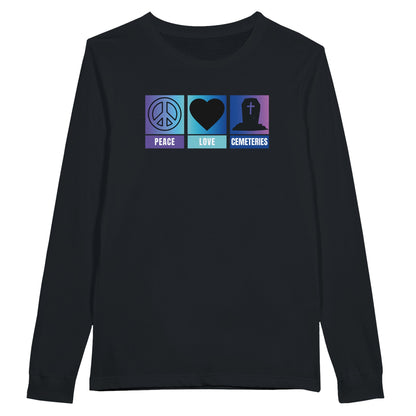 Bella Canvas 3501 long sleeve shirt with the words peace, love , cemeteries across the front with related symbols above the words. A round peace sign, a heart and a coffin. The back ground is ombre purple, aqua and blue. Shirt color is dark grey heather 