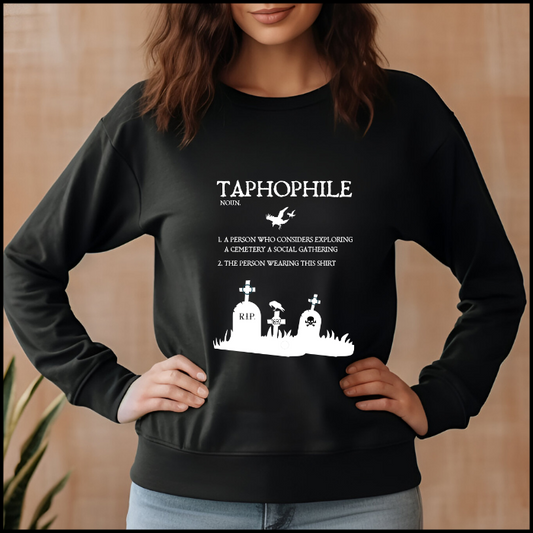 Dark Grey Bella Canvas 3501 long sleeve tshirt with the definition of taphophile in white lettering on the front