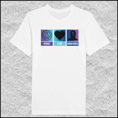 White Bella Canvas 3001 Peace Love Cemeteries Graphic TShirt for people that love cemeteries. A peace sign, a heart shape and a gravestone across the chest