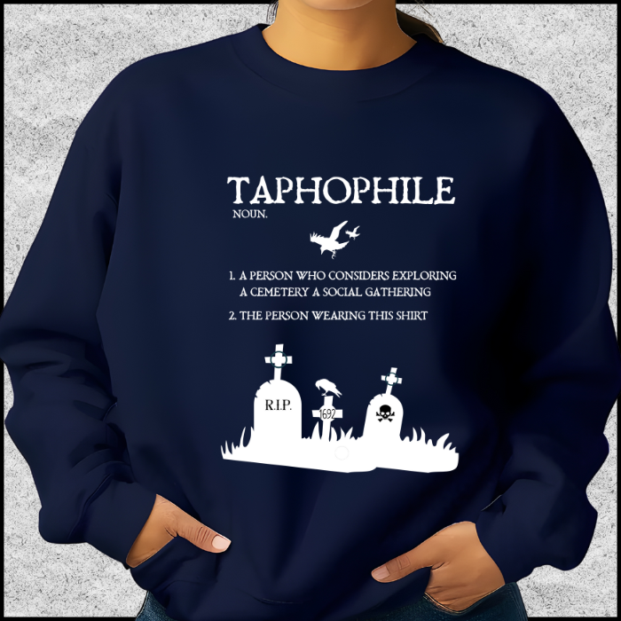 Navy Blue Gildan 18000 Crewneck Sweatshirt with a Tapophile graphic and definition in white print