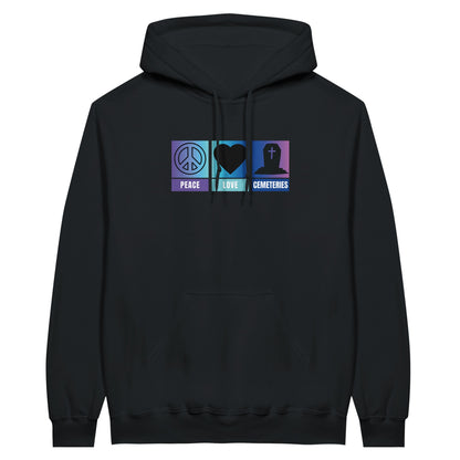 Gildan 18500 Hoodie Sweatshirt with the words peace, love, cemeteries across the chest with matching symbols, a peace sign, a heart and a tombstone on an ombre back ground of purple, aqua and blue. Hoodie color is black.