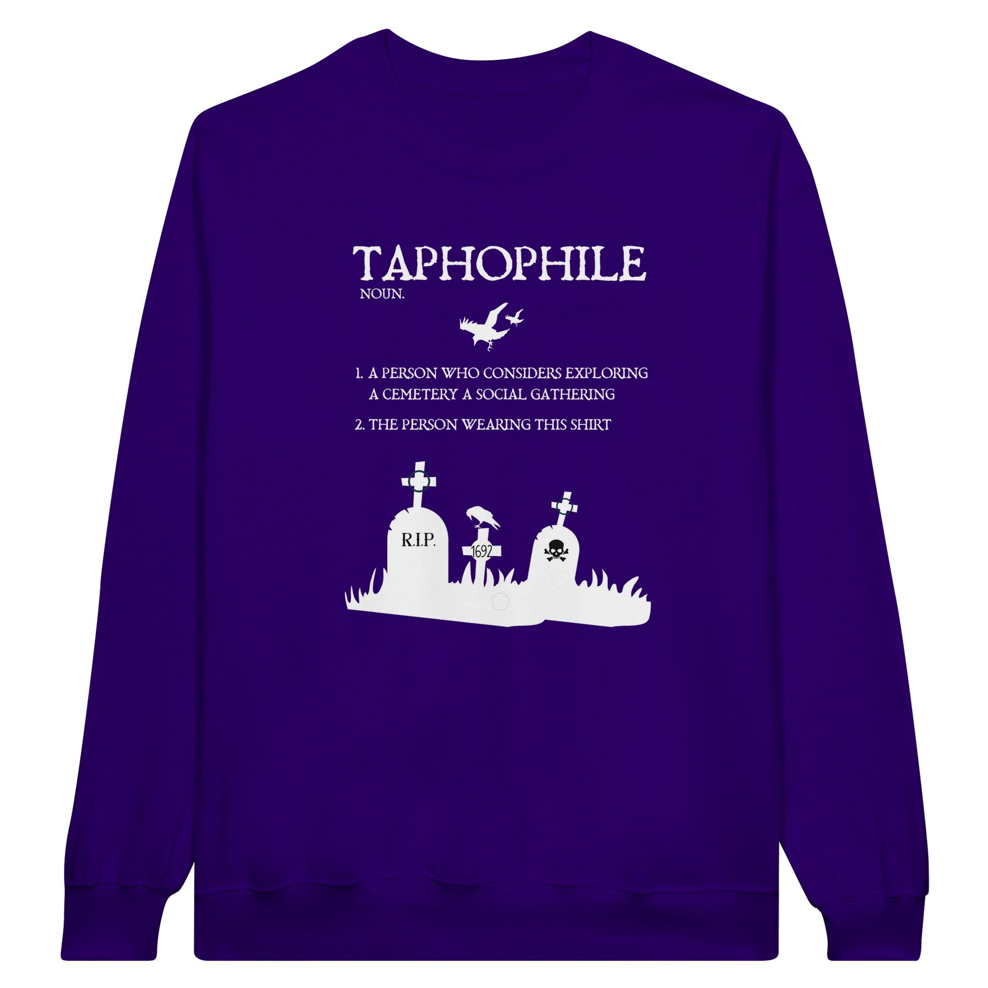 Dark Purple Gildan 18000 Crewneck Sweatshirt with a Tapophile graphic and definition in white print