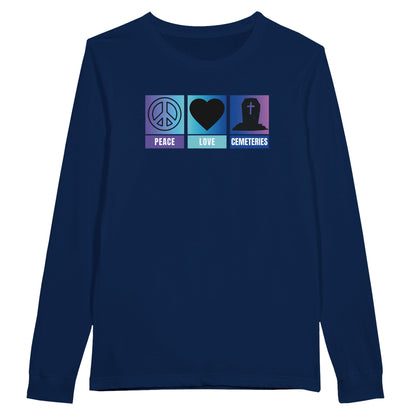 Bella Canvas 3501 long sleeve shirt with the words peace, love , cemeteries across the front with related symbols above the words. A round peace sign, a heart and a coffin. The back ground is ombre purple, aqua and blue. Shirt color is navy blue.