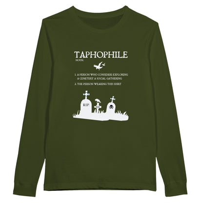 Olive Green Bella Canvas 3501 long sleeve tshirt with the definition of taphophile in white lettering on the front