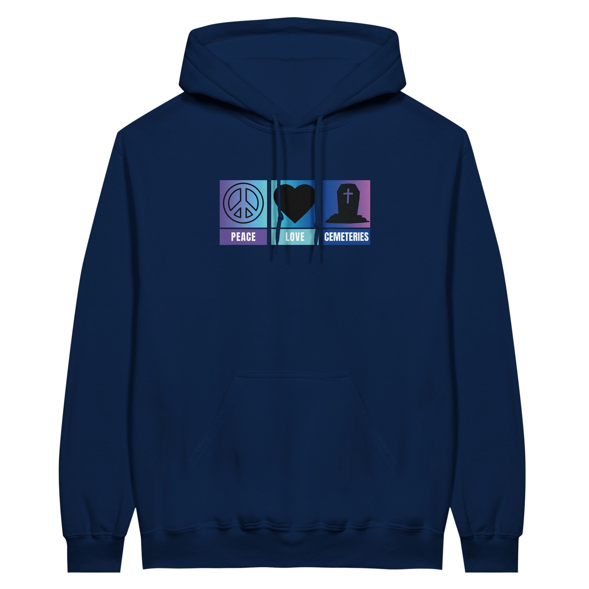 Gildan 18500 Hoodie Sweatshirt with the words peace, love, cemeteries across the chest with matching symbols, a peace sign, a heart and a tombstone on an ombre back ground of purple, aqua and blue. Hoodie color is navy blue.