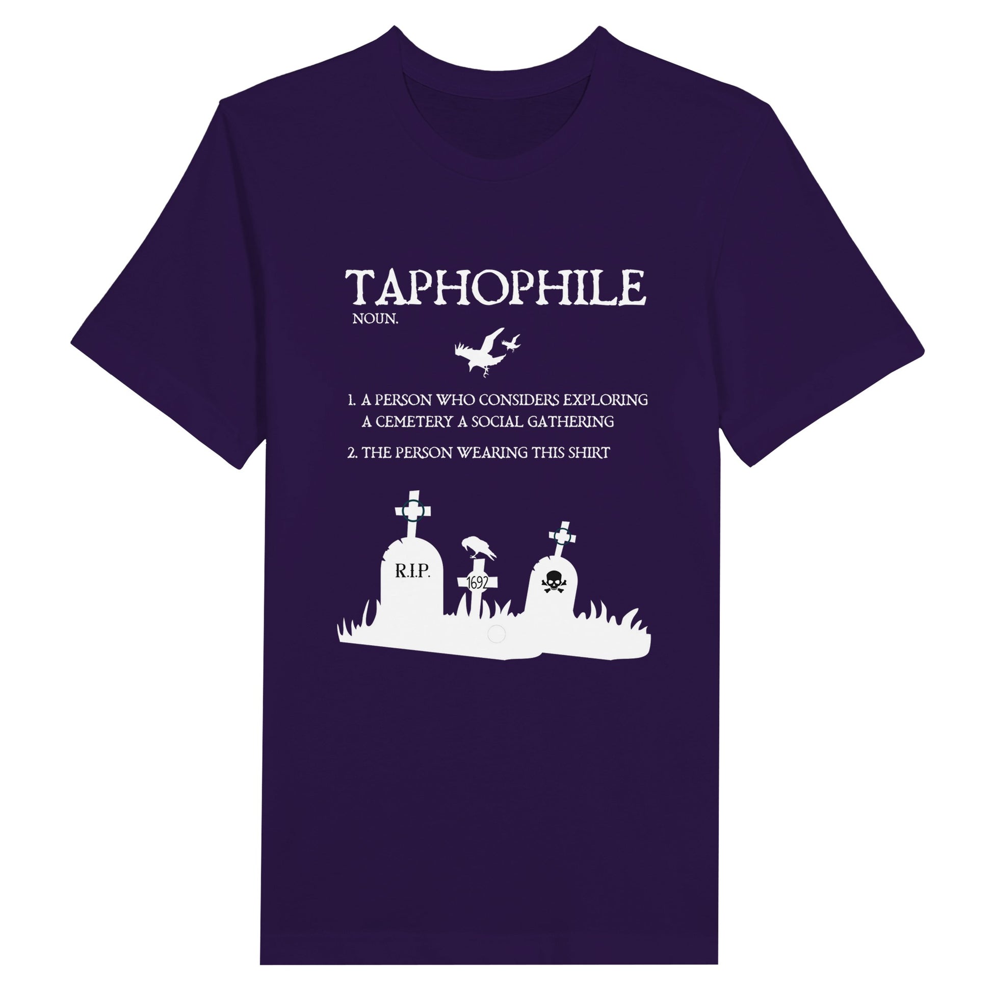 Dark Purple Bella Canvas 3001 Tshirt with the Taphophile definition on front in white graphics