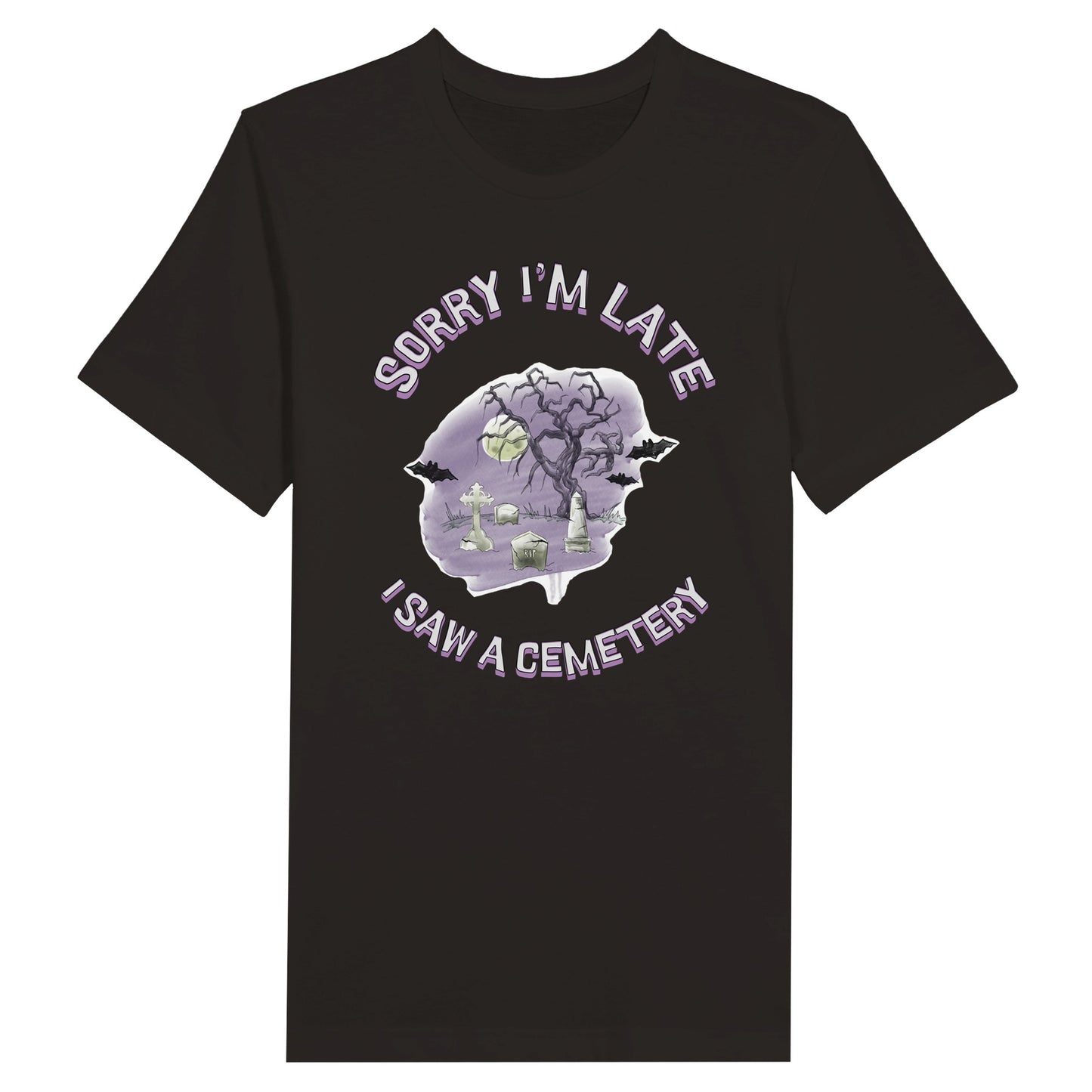 Bella Canvas 3001 T-Shirt  with the words Sorry I'm Late I saw a cemetery around a graphic of a cemetery.  Colors of the graphic are purple and grey. T-shirt is black.